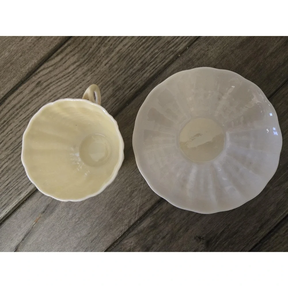Vintage Belleek Ireland Limpet Pattern Tea Cup & Saucer Set 6th green mark